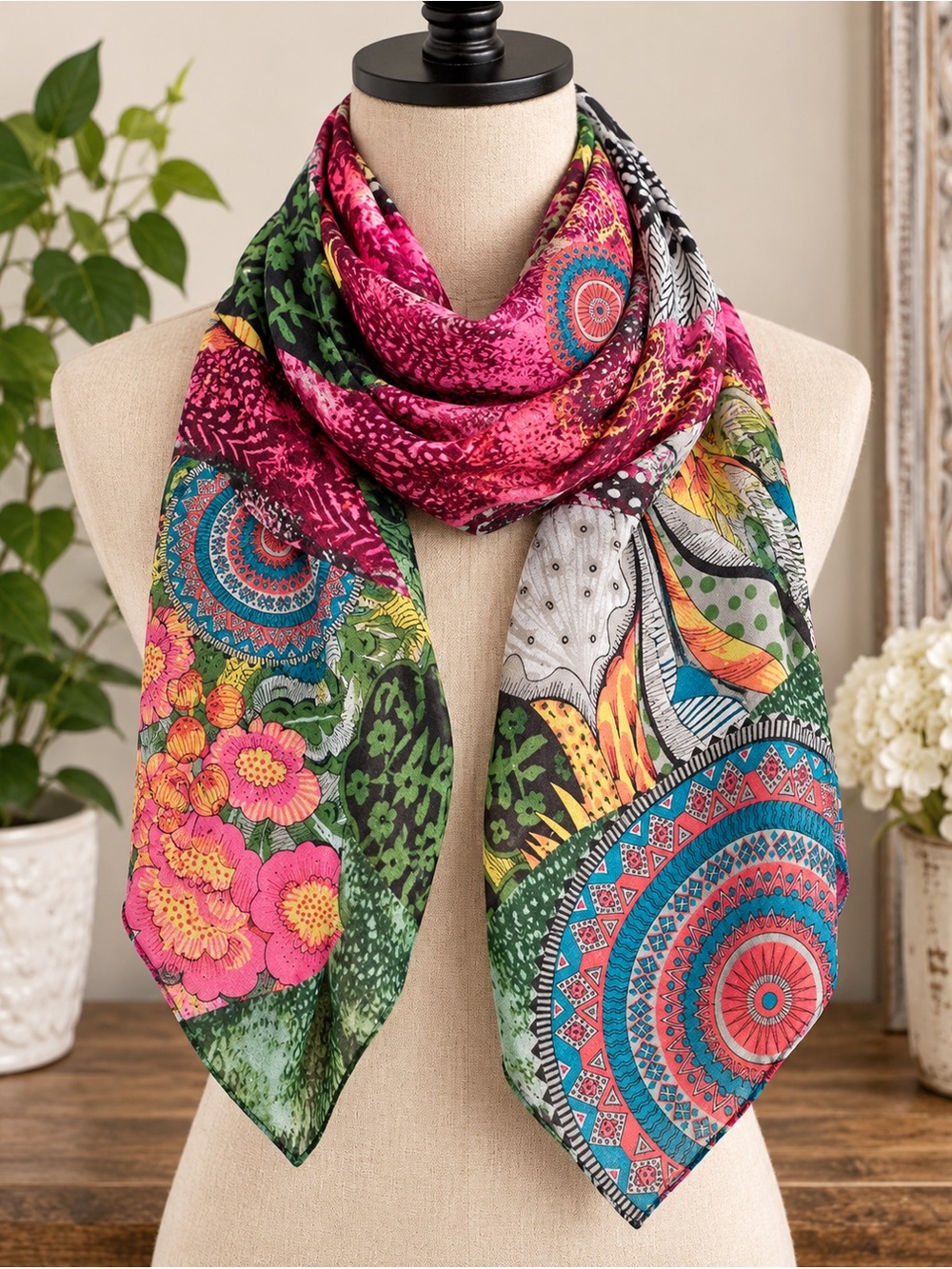 Desigual Multi-Pattern Mandala Floral Print Long Scarf